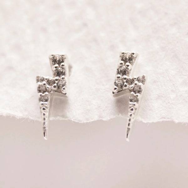 SPARKLY SILVER LIGHTNING BOLT STUD EARRINGS