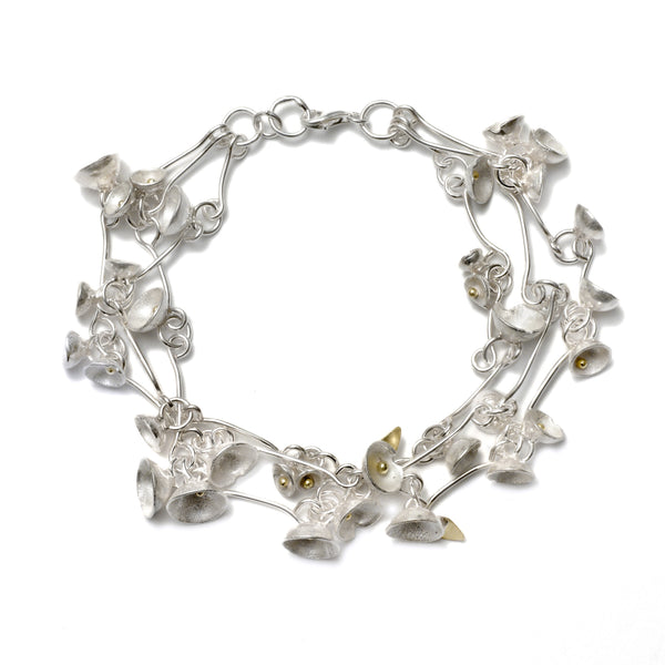 Three Strand Acorn Cup Cluster Silver & 18ct Yellow Gold Bracelet