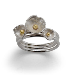 Set Of Three Extra Small Acorn Cup Silver and 18ct Gold Rings